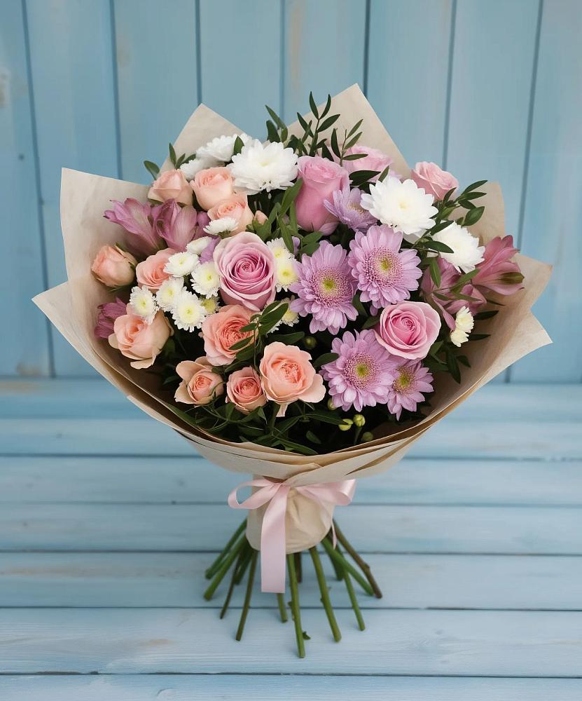 Букет цветов из: Хризантемы, Розы и Альстромерии в Романовке