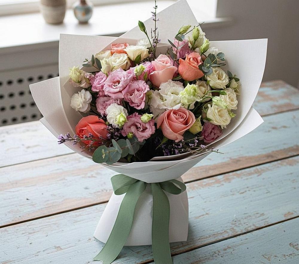 Букет цветов из: Розы, Лизиантусы и Гвоздики в Романовке