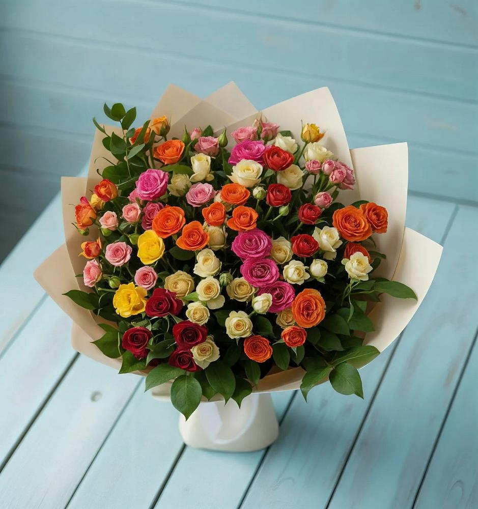 Букет Микс из разноцветных кустовых роз в Романовке