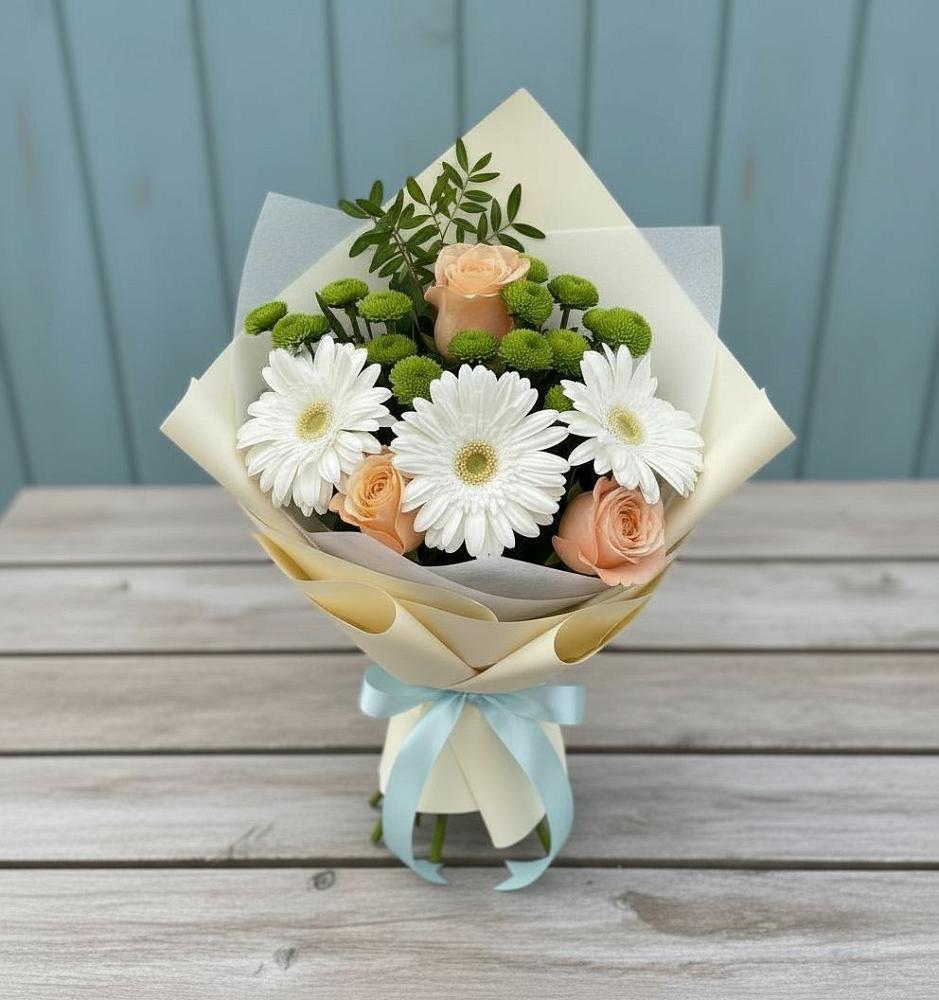 Букет цветов из: Герберы, Розы и Хризантемы в Романовке