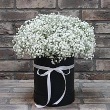Цветочная композиция из Гипсофила в шляпной коробке в Романовке