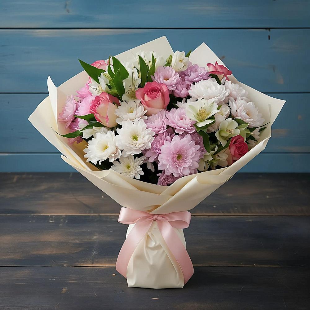 Букет цветов из: Хризантемы, Альстромерии и Розы в Романовке